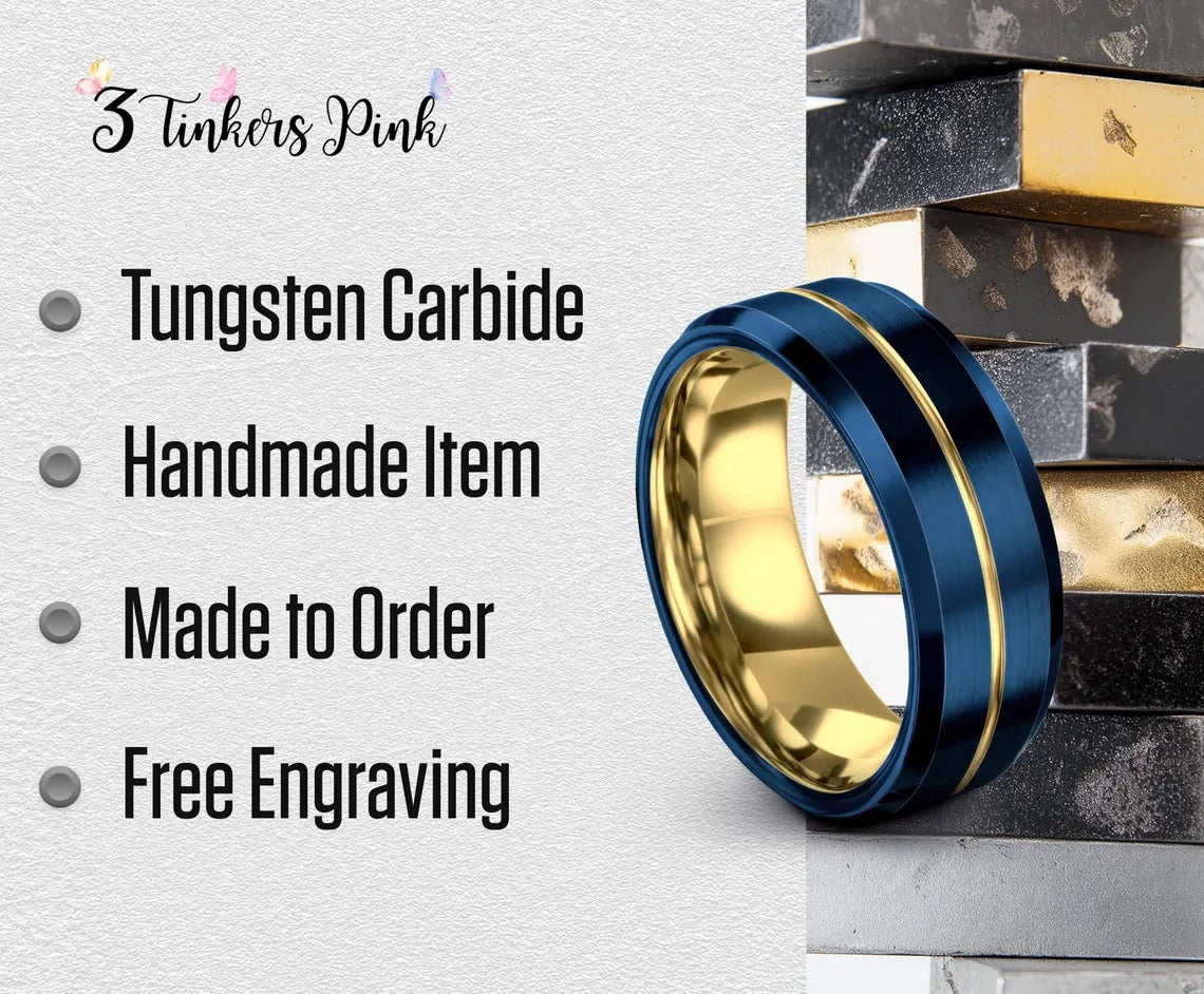 Beveled Tungsten Ring Blue, Men's Gold Wedding Band, Anniversary Gift Idea, Personalized Gifts for Him, Engraved Laser Ring, Fast Shipping