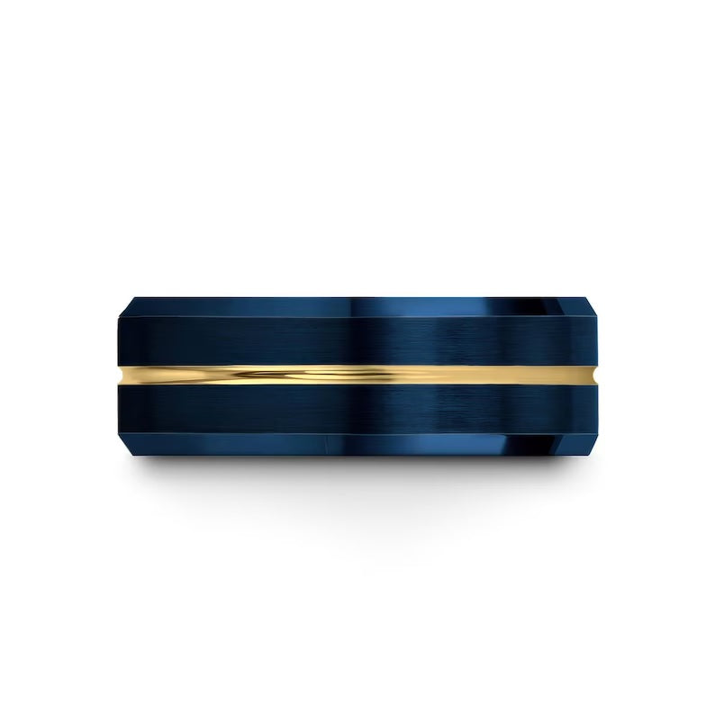 Beveled Tungsten Ring Blue, Men's Gold Wedding Band, Anniversary Gift Idea, Personalized Gifts for Him, Engraved Laser Ring, Fast Shipping