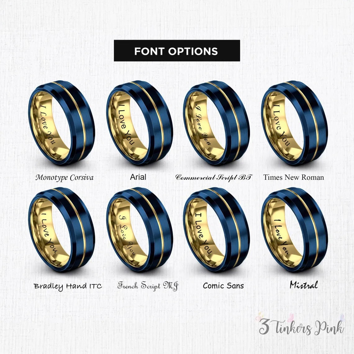 Beveled Tungsten Ring Blue, Men's Gold Wedding Band, Anniversary Gift Idea, Personalized Gifts for Him, Engraved Laser Ring, Fast Shipping