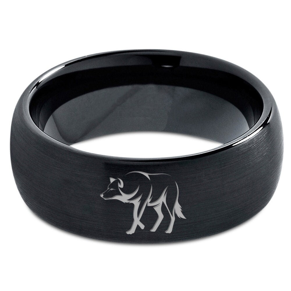 Lone Wolf Walking Ring | Black Wedding Bands | Mens Rings Black Tungsten | Dome Brushed Ring For Women | Gifts For Girl | Valentine Day Gift