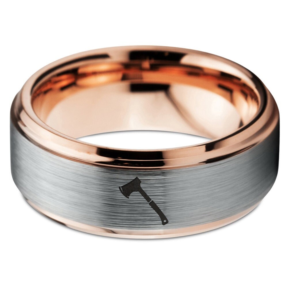 Engraved Hunting Axe Ring, Mens Wedding Ring Gray, Rose Gold Tungsten Carbide Ring, Anniversary Gifts For Boyfriend, His And Hers Ring