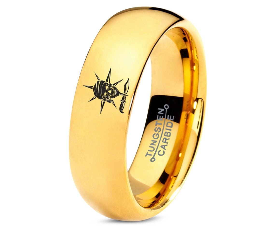 Pirate Skull Ring, Pirate Knife Ring, Womens Wedding Band, Laser Marking Engraved Ring, Tungsten Yellow Gold Ring, Gold Engagement Ring