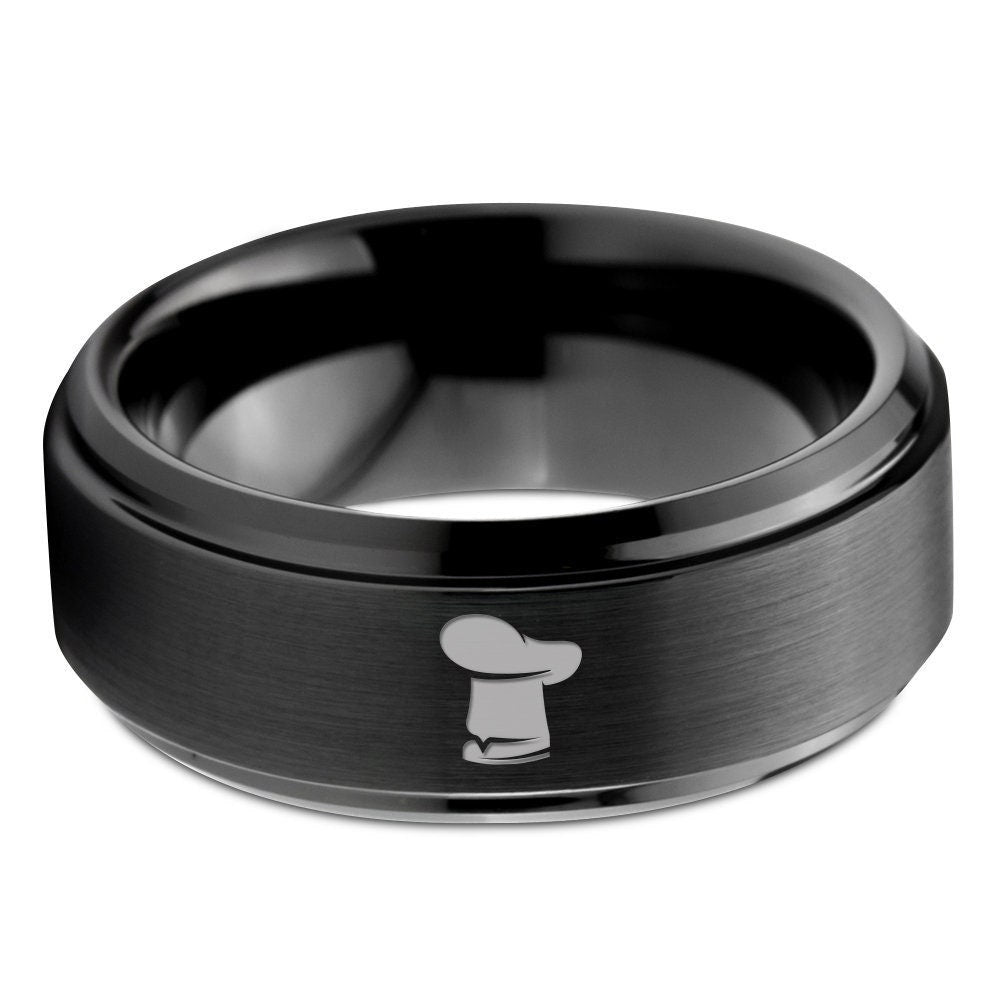 Chef Cook Hat Ring | Brushed Mens Wedding Band Black | Tungsten Rings For Men | Gifts For Chef | Customized Gifts | Husband Gifts