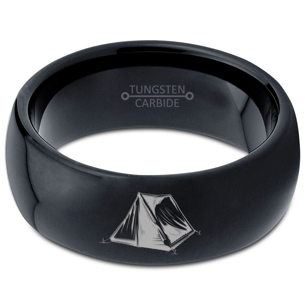 Engraved Camping Tent Ring - Polished Wedding Band - Black Tungsten Rings - Gifts For Boyfriend - Best Gifts For Him - Engagement Gifts