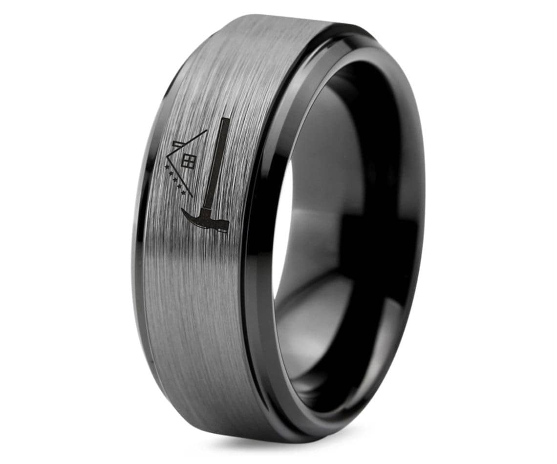 Carpentry Hammer And House Ring, Men's Tungsten Ring Gray, Awesome Wedding Band Black, Gifts For Him, Adjustable Ring, Ring For Carpenter