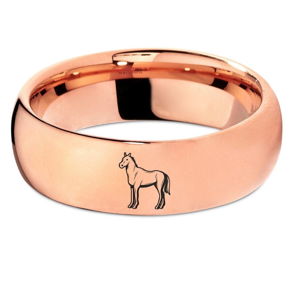 Laser Marking Race Horse Ring - Wild Animal Ring - Rose Gold Wedding Ring - 7mm Tungsten Couples Rings - Engagement Gifts- Free Shipping