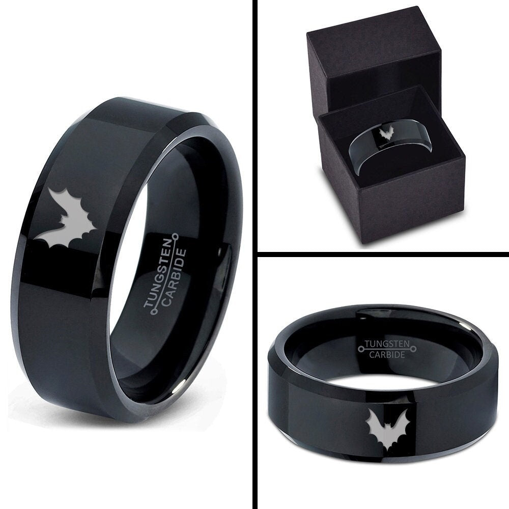 Vampire Bat Ring, Black Wedding Ring, Tungsten Bands For Women, Rings For Men, Engraved Ring Him, Customized Ring, His and Her Gifts