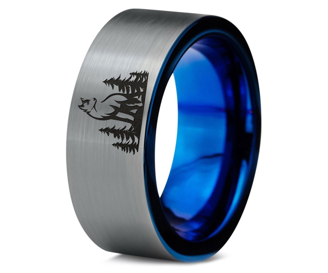 Jungle Wolf Hunter Ring | Blue Wedding Bands For Women | Matching Tungsten Rings | Handmade Silver Jewelry Ring | Promise Ring For Men