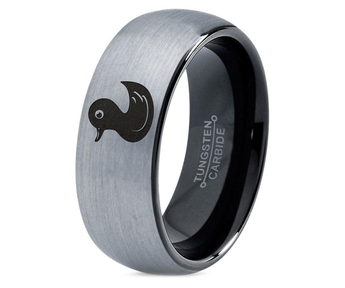 Duck Duckling Ring - Engraved Animal Ring - Mens Wedding Bands - Dome Black 8mm Ring - Silver Brushed Tungsten Rings - Her and Hers Gifts
