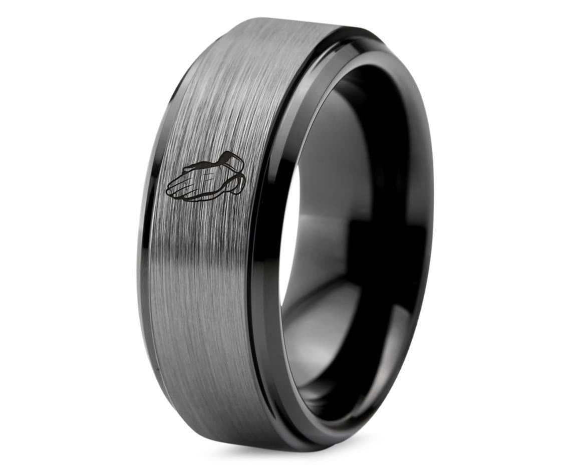 Christian Prayer Hand Ring | Gray Wedding Ring Band | Tungsten Black Rings For Women | Men's Black Ring | Couple Promise Ring | 8mm Ring