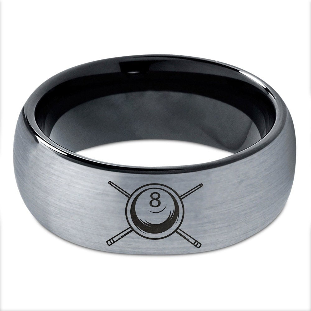 Engraved Cue Stick 8 Ball Ring - Gray Wedding Rings For Men - Tungsten Black Ring - Gold Men Rings - Laser Marking Ring - All Size Available