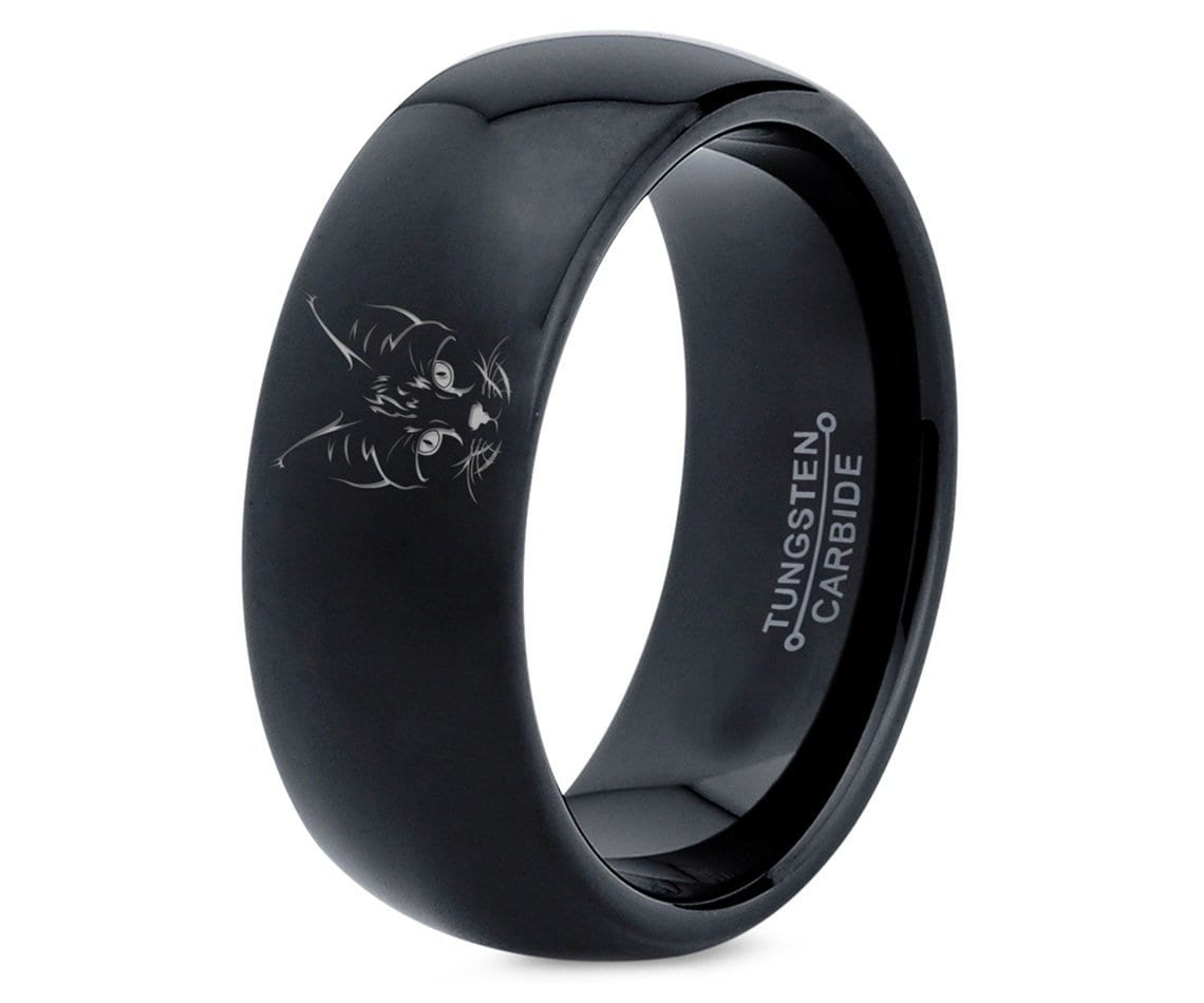 Laser Engraved Cat Ring, Black Wedding Band, Fancy Tungsten Ring, Domed Polished Ring, Bands For Pet Lover, Wedding Ceremony Gifts, 8mm