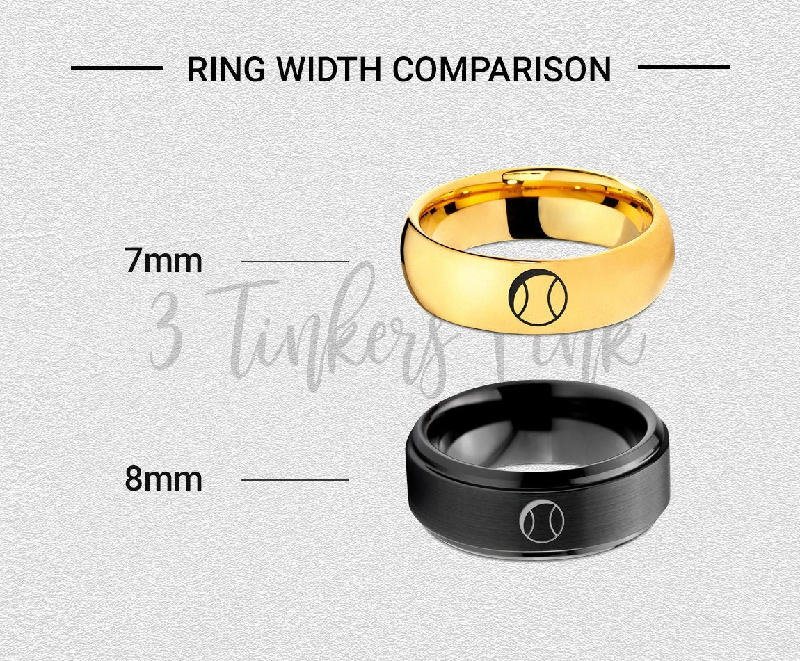 Tennis Ball Symbol Ring,Mens Wedding Band Bevel,Tungsten Ring Band,Mens Black Polished Ring,Anniversary Gifts,Gift For Athlete,Free Shipping