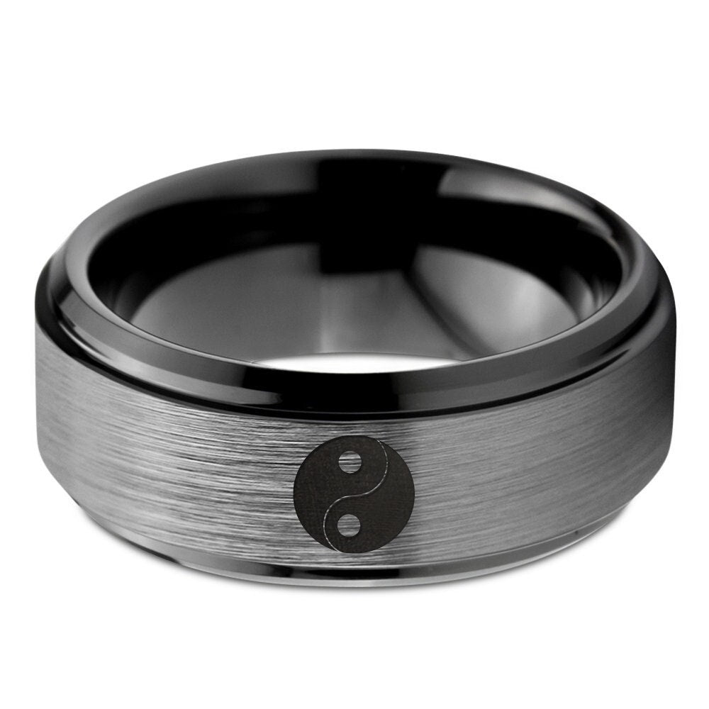 Religion Sign Taoism Ring,Silver Wedding Band, Black Tungsten Carbide,Engraved Ring,Graduation Ring,Promise Rings,Anniversary Gifts