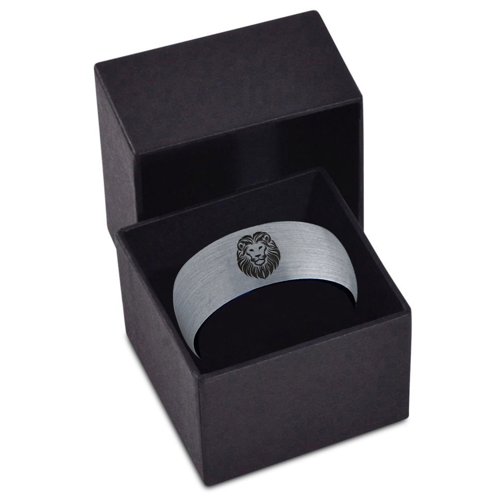 Lion Lioness Leo Tungsten Rings - Mens Wedding Band - Gray Tungsten Band - Blue Promise Ring - Gifts For Boyfriend - Best Gifts For Him
