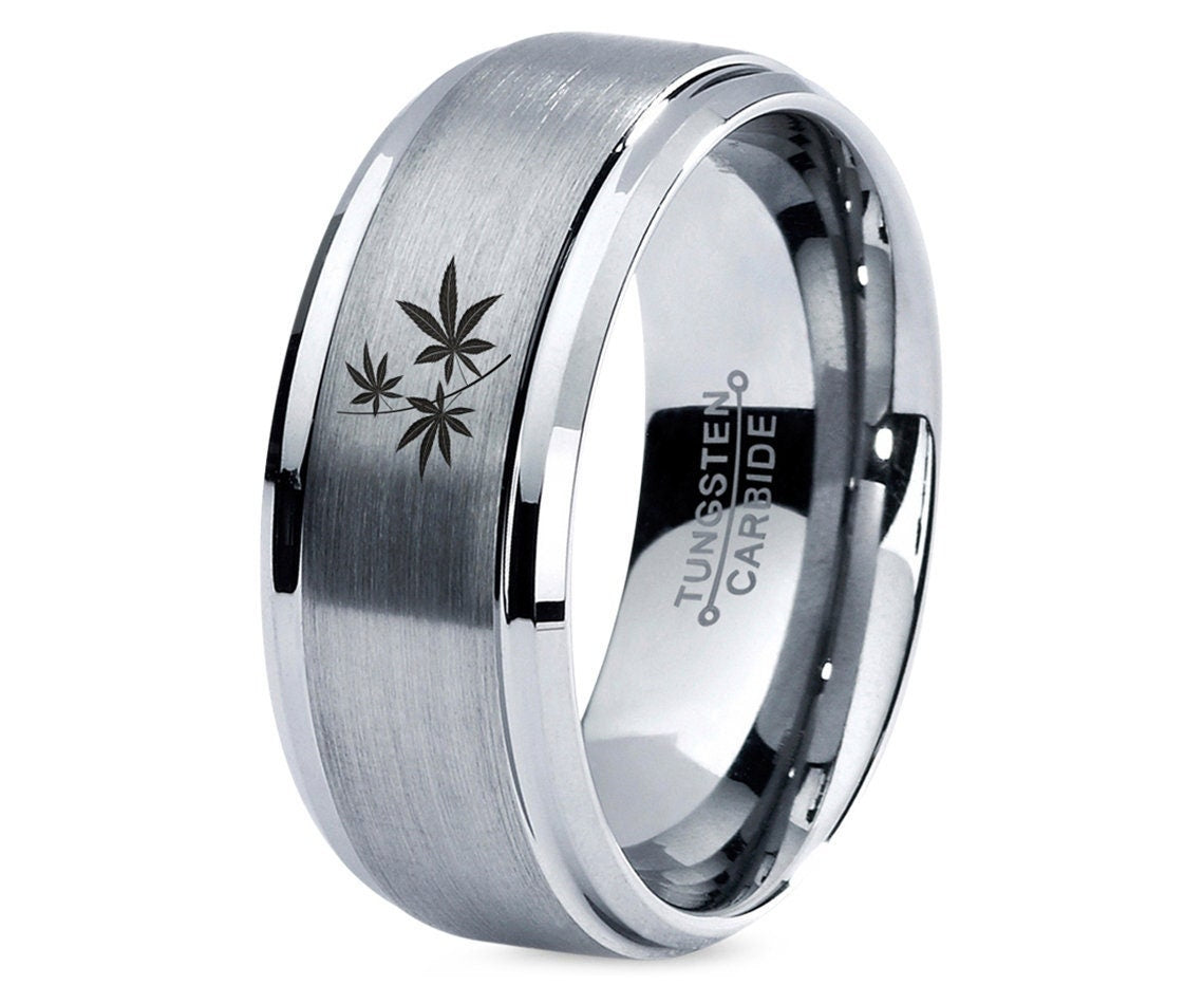 Mens Ring Silver,Marijuana Cannabis Leaf Ring,Minimalist Wedding Ring Set,Rare Tungsten Ring,Promise Ring,Wedding Gifts,Engagement Rings