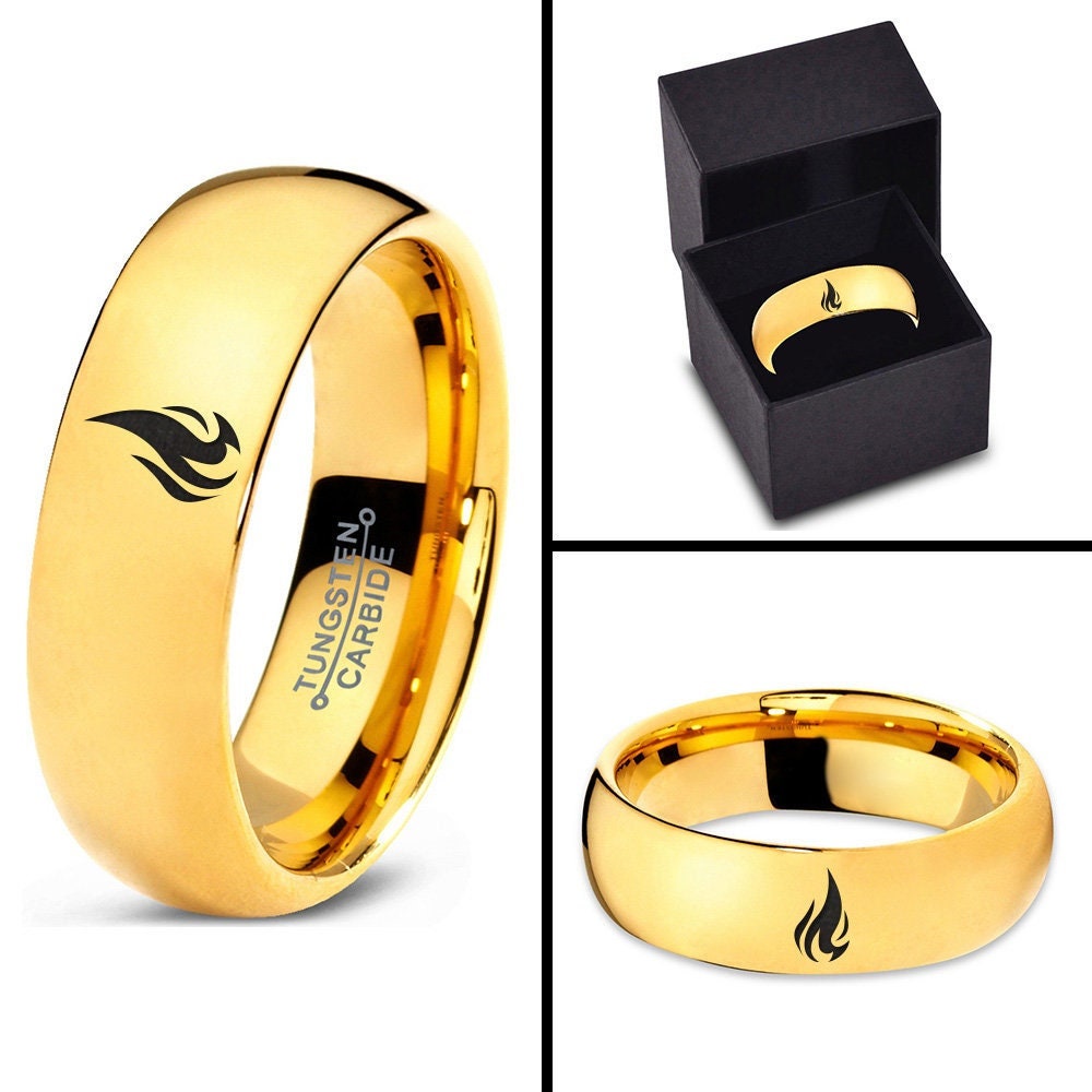 Engraved Fire Flame Ring - Wedding Rings For Women - 7mm Yellow Gold Tungsten Band - Promise Ring Sets - Mens Gifts For Birthday Unique