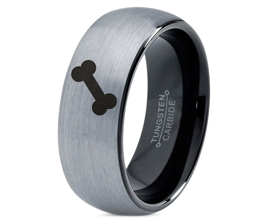 Puppy Play Bone Ring, Mens Silver Gray Wedding Band, Tungsten Black Ring, Personalized Rings For Women, Promise Rings, Gift For Pet Lover