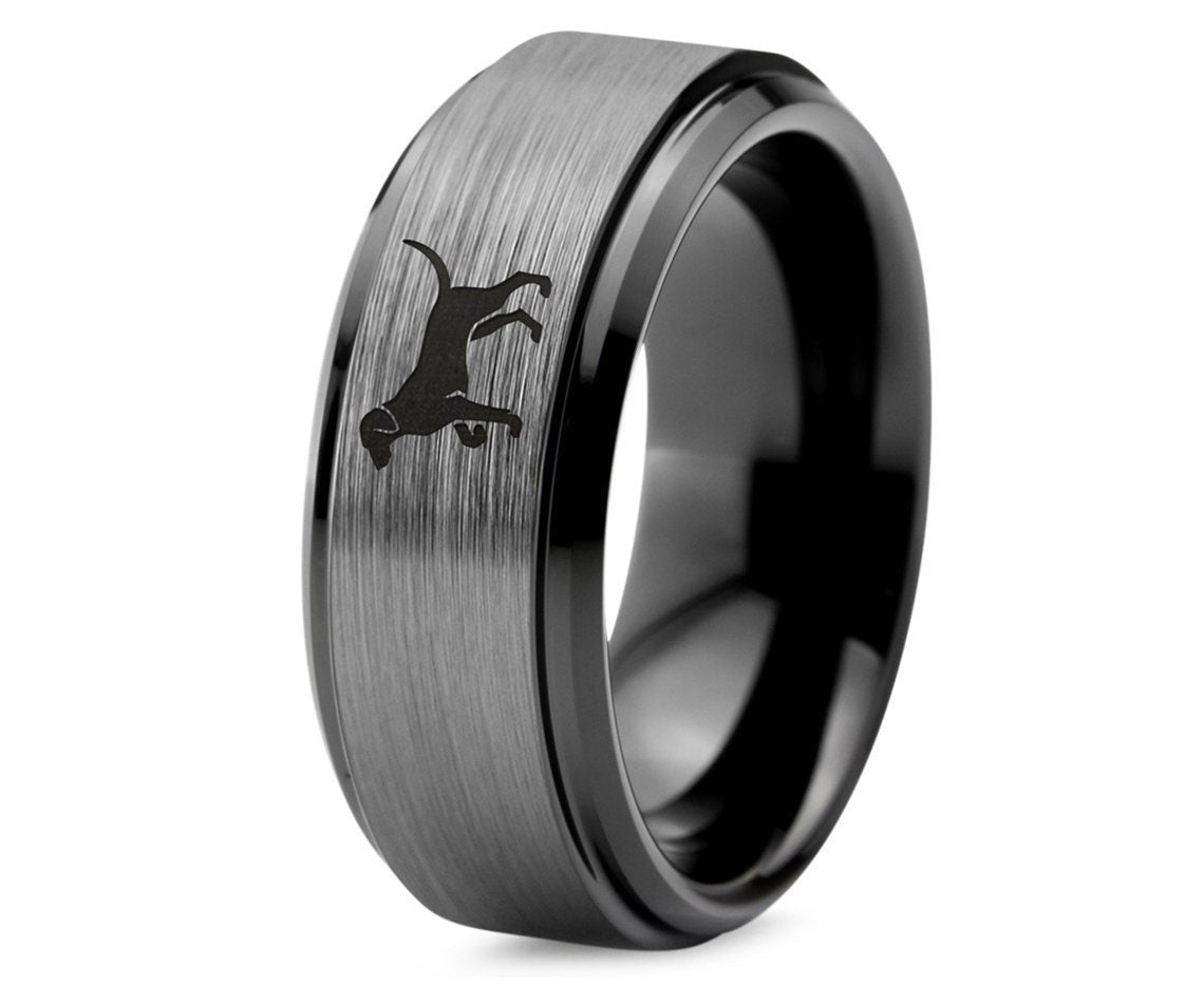 Pet Animal Dog Ring, Dog Walking Ring, Mens Wedding Ring Black, Silver Brushed Tungsten Ring, Commitment Rings For Couples, Engagement Ring