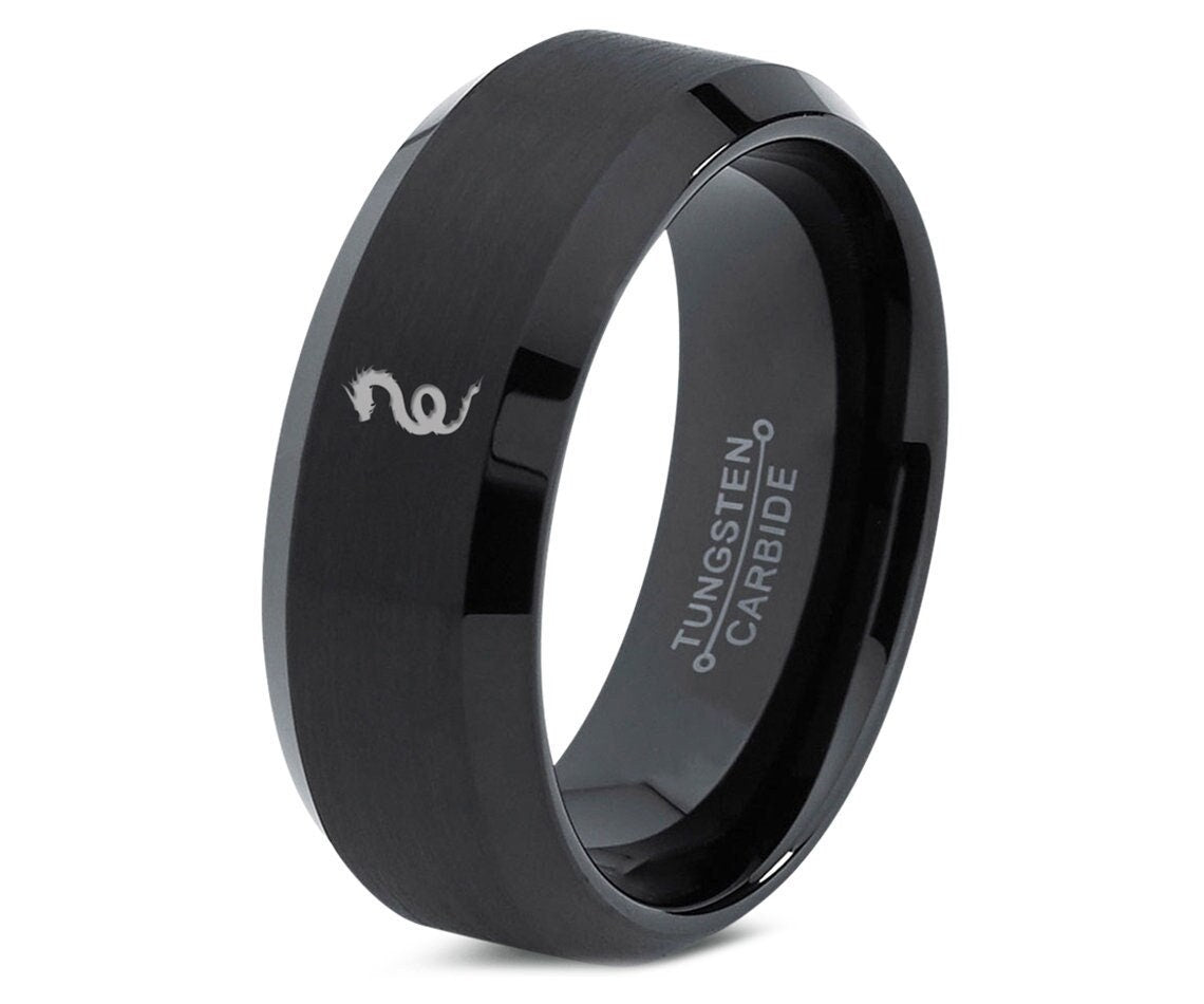 Dragon Wedding Band Black - Dragon Tungsten Band - Black Rings For Women - Laser Engraved Ring - Anniversary Gift For Her - Romantic Gifts