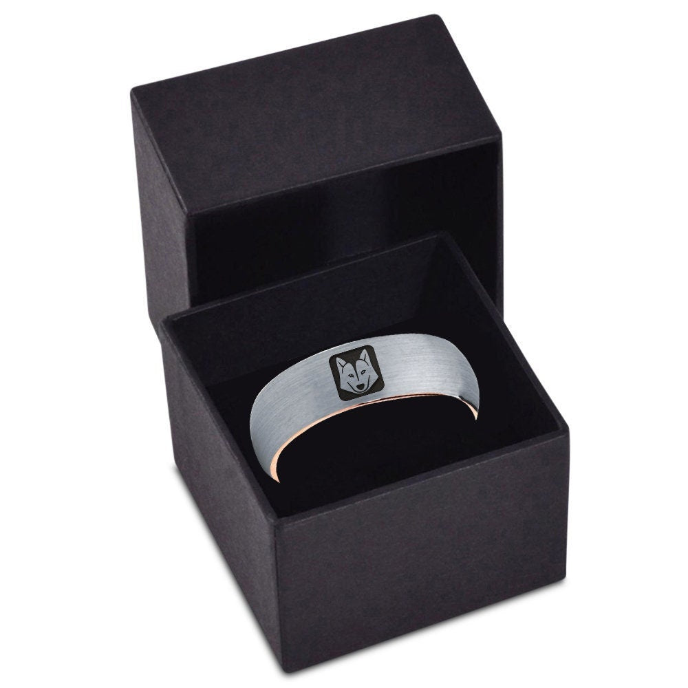 Wild Fox Head Face Shape Ring | 7mm Engraving Ring | Tungsten Wedding Band | Brushed Grey and Rose Gold | Gift For Her | Comfort Fit