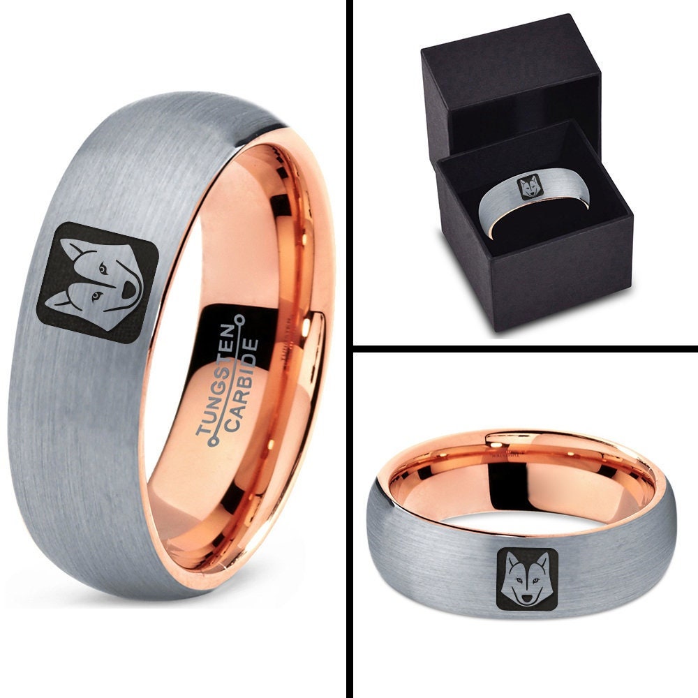 Wild Fox Head Face Shape Ring | 7mm Engraving Ring | Tungsten Wedding Band | Brushed Grey and Rose Gold | Gift For Her | Comfort Fit
