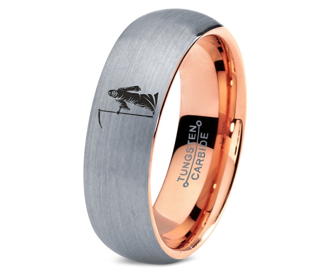 Grim Reaper Ring | Mens Wedding Band Gray | Fancy Tungsten Ring | Rose Gold Ring | Gifts For Him Unique | Personalized Gifts | Promise Ring