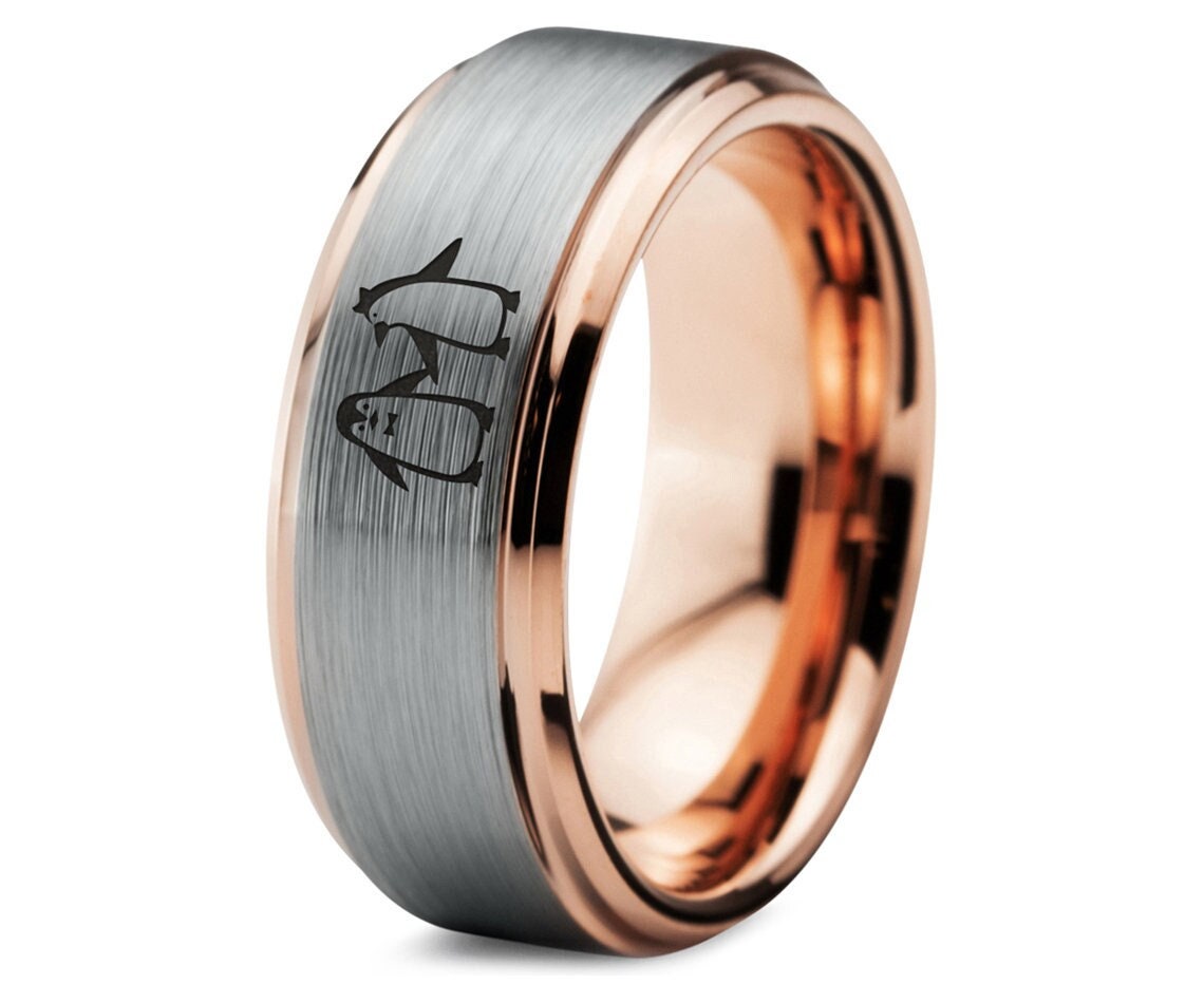 Penguin Matching Ring, Silver Wedding Ring For Her - Tungsten Ring - Statement Rings For Women - Cute Promise Rings - Valentine Gift
