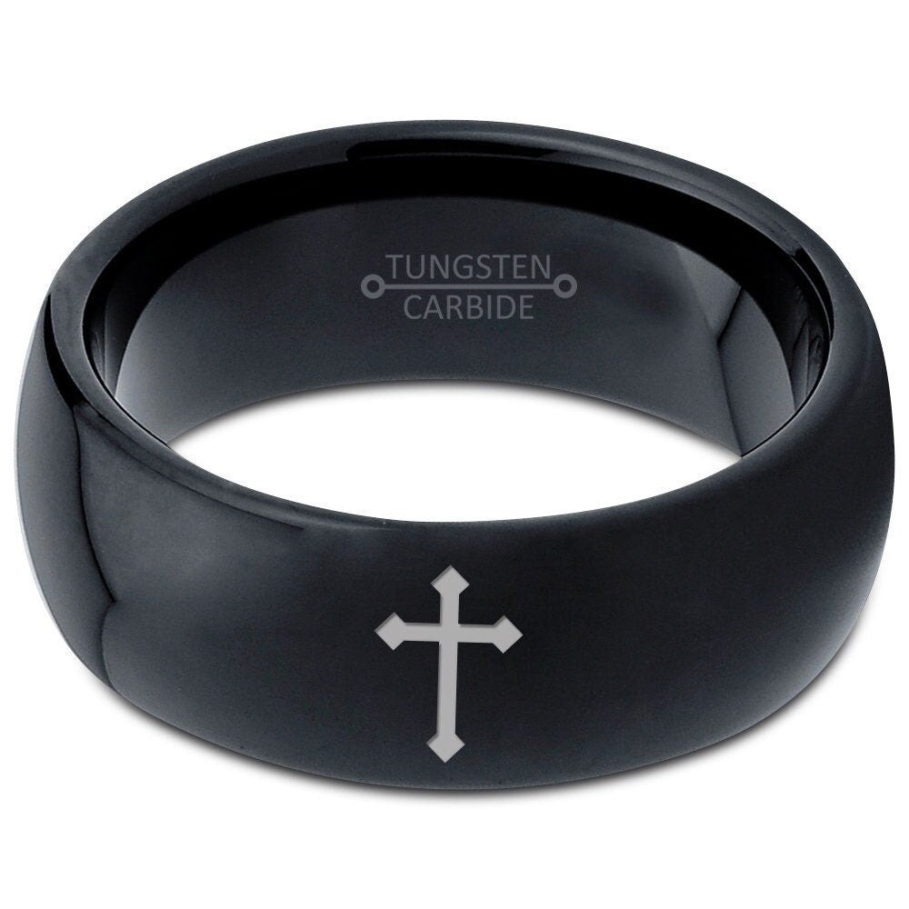 Christian Ring, Black Cross Ring, Engraved Ring, Black Wedding Ring Set, Tungsten Promise Rings, Mens Wedding Bands, Mothers Day Gift