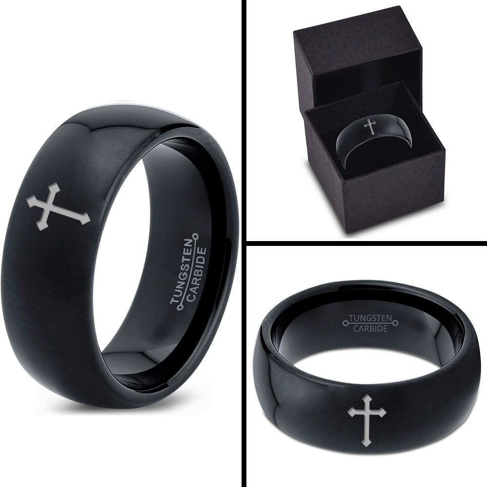 Christian Ring, Black Cross Ring, Engraved Ring, Black Wedding Ring Set, Tungsten Promise Rings, Mens Wedding Bands, Mothers Day Gift