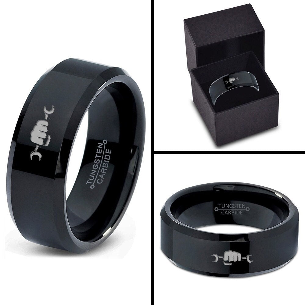 Mechanic Wedding Ring | Open Wrench Ring | Mens Tungsten Carbide Ring | Laser Marking Ring | Black Promise Ring | Anniversary Gifts