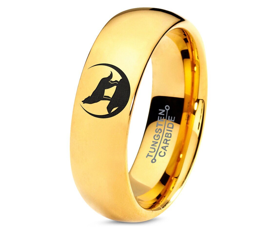Moon Wild Wolf Ring, Tungsten Wedding Band, Yellow Gold Tungsten Ring, Unique Jewelry Ring, Couple Promise Ring, His and Her, Free Shipping