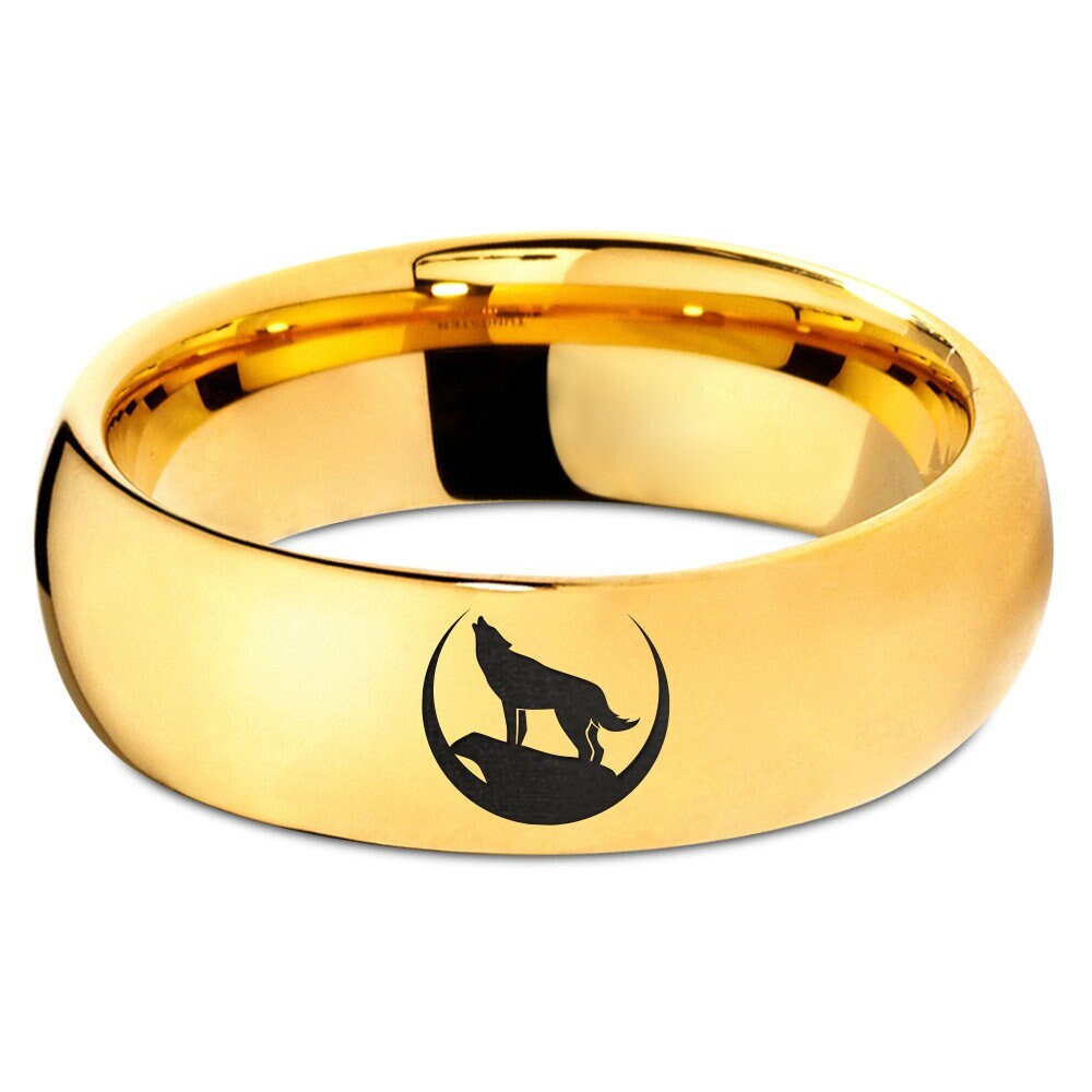 Moon Wild Wolf Ring, Tungsten Wedding Band, Yellow Gold Tungsten Ring, Unique Jewelry Ring, Couple Promise Ring, His and Her, Free Shipping