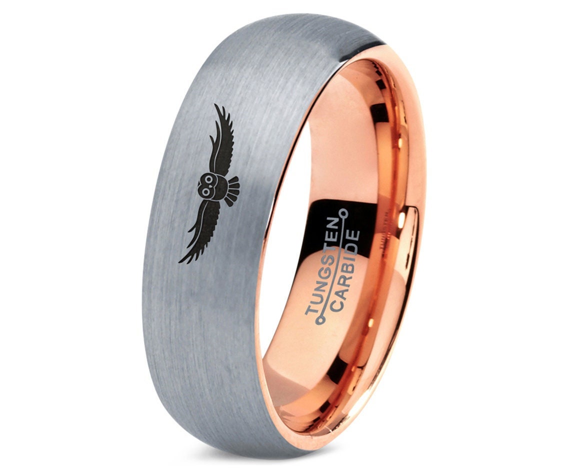 Flying Owl Bird Ring, Mens Wedding Rings Tungsten, Rose Gold Tungsten Ring For Men, Silver Gray Ring, Rings For Women, Gifts For Girlfriend
