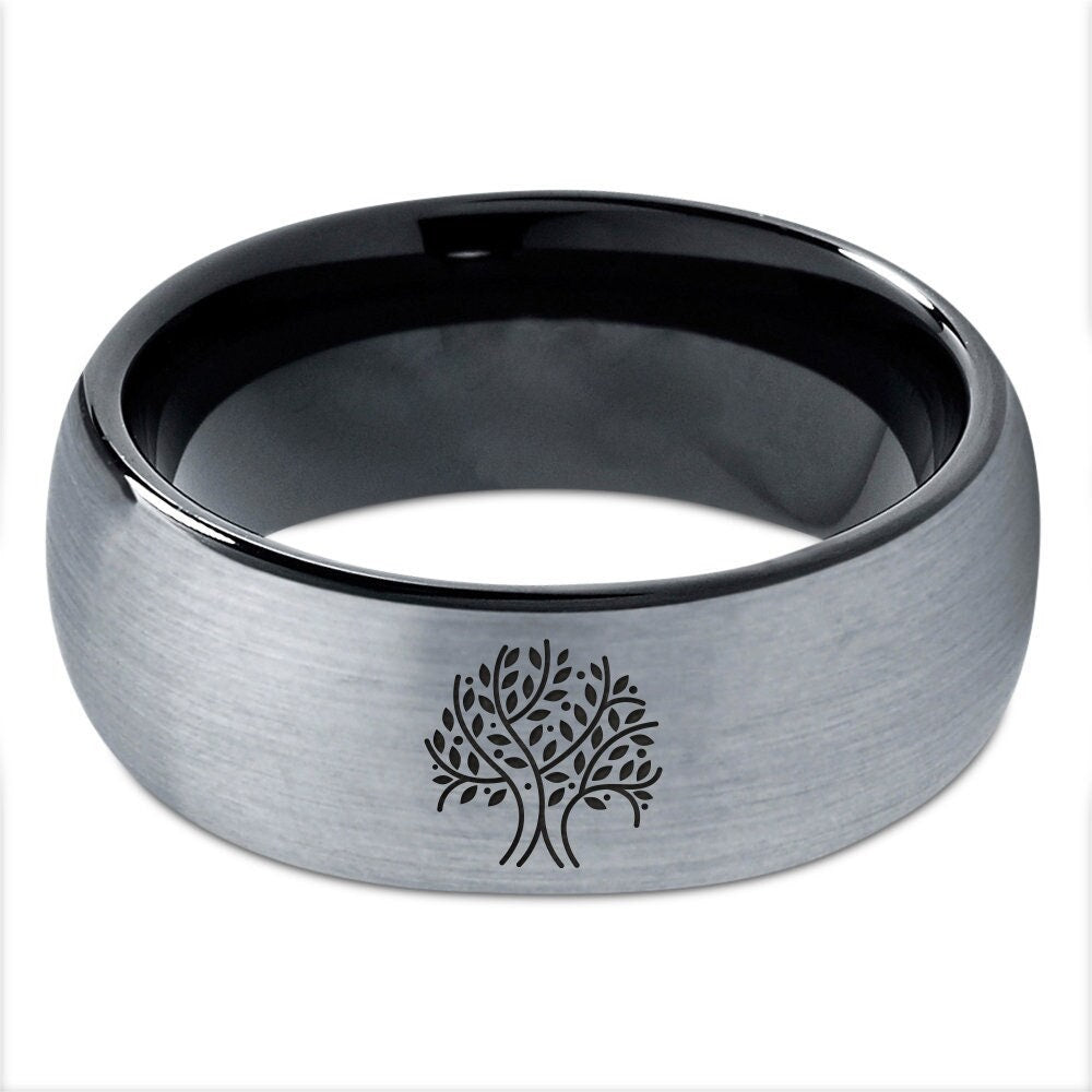 Tree Trunk Leaf Ring - Brushed Mens Wedding Band - Laser Engraved Ring - Tungsten Promise Rings - Silver and Black Rings - Small Gifts