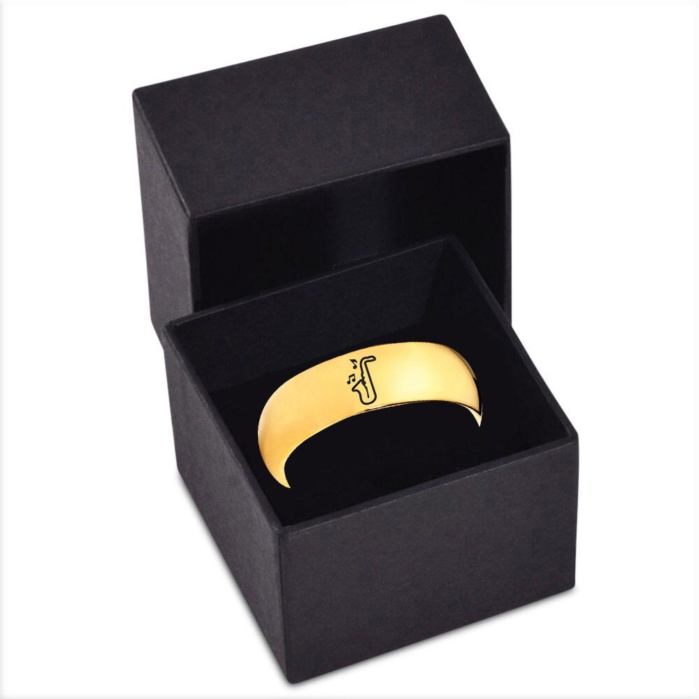 Saxophone Music Ring | Yellow Gold Plated Wedding Band | Tungsten Wedding Ring | Couple Promise Ring | Gift For Musician | Free Shipping