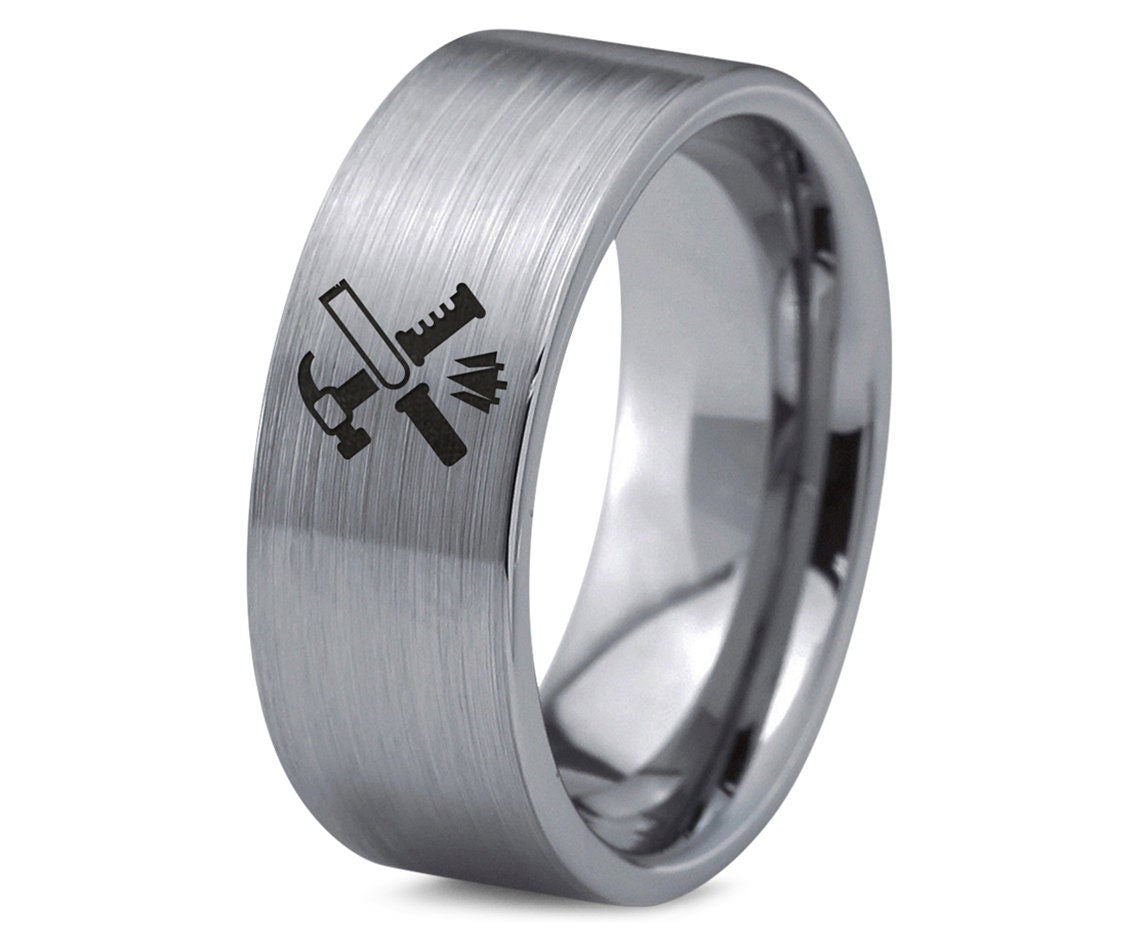 Claw Hammer & Chisel Tungsten Ring – Flat Cut Men's Wedding Band, Silver Promise Ring, Gift for Carpenter, 8mm Comfort Fit, Tungsten Rings