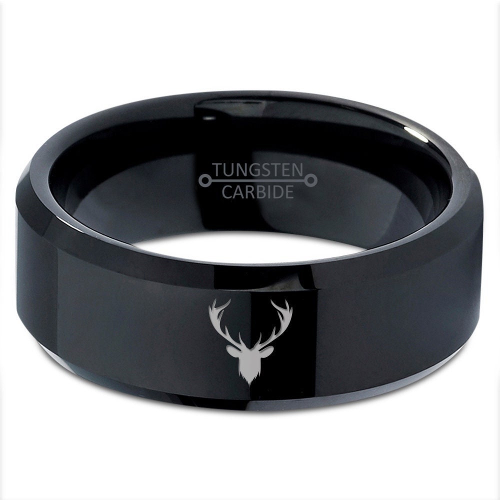 Deer Stag Buck Ring,Animal Horns Ring,Black Wedding Bands,Mens Rings Tungsten,Bevel Polished Ring,Unisex Ring,Guys Rings Engagement