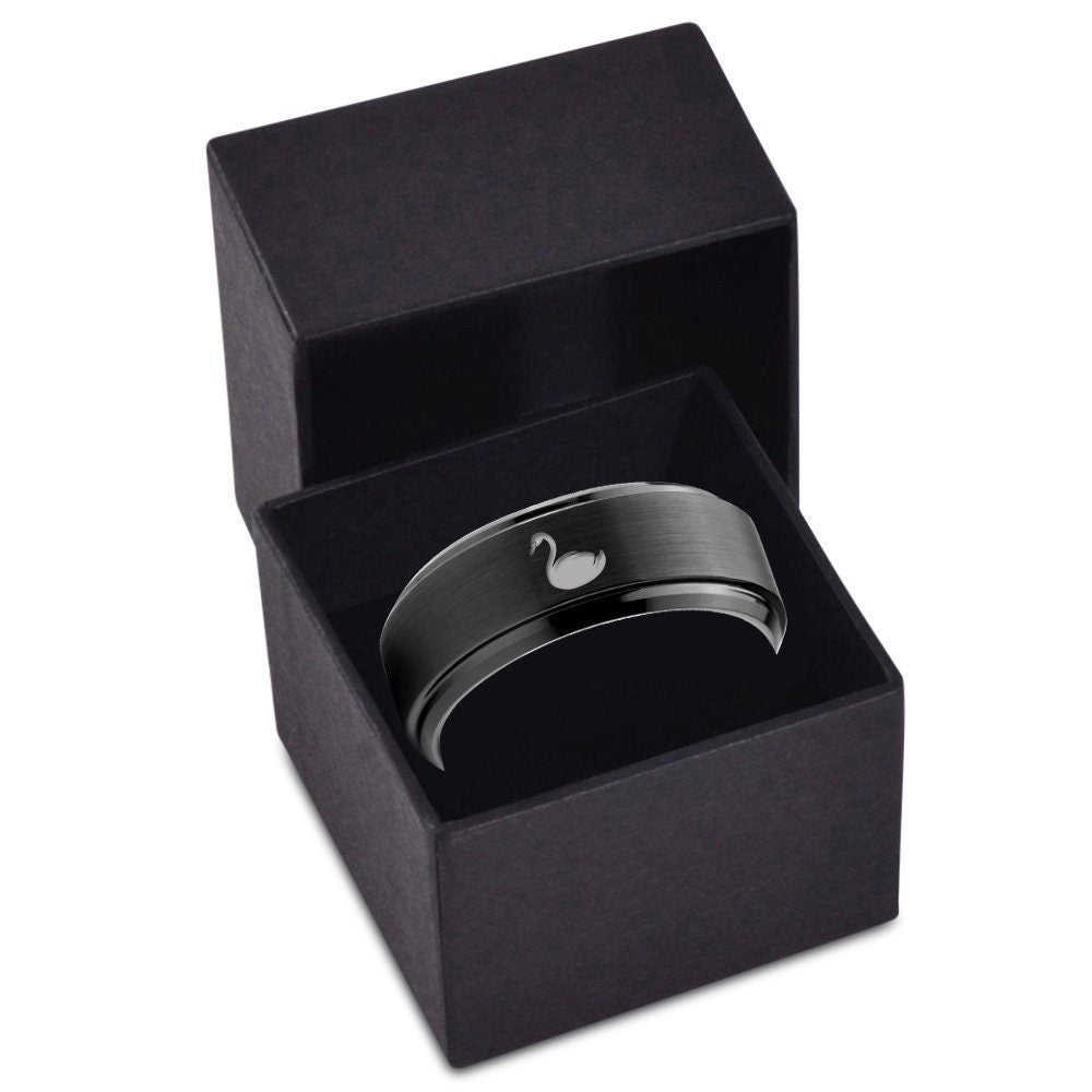 Swan Ring | Men Pagoda Wedding Band | Tungsten Carbide Ring | Custom Engraved Black Ring | His and Her Gift | Free Shipping