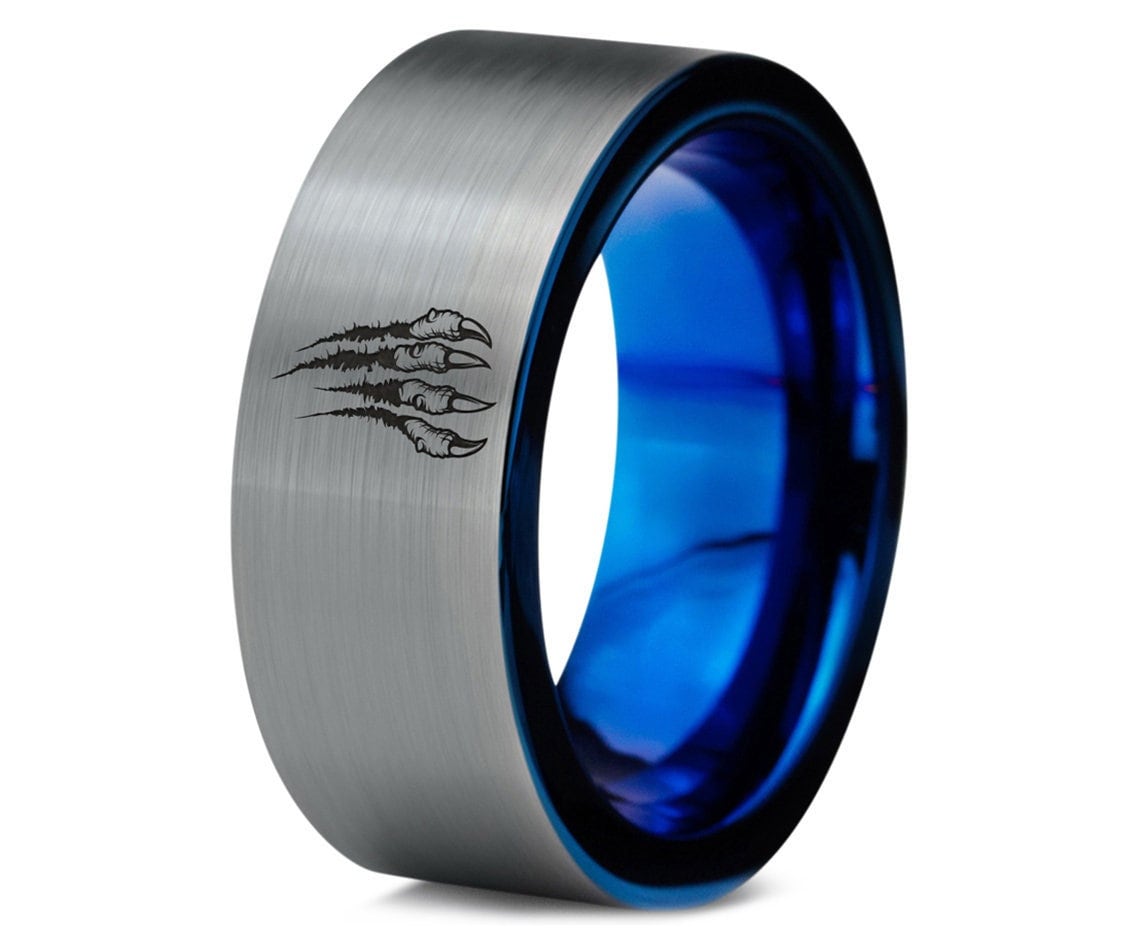 Dragon Claw Paw Marks Scratche Ring, Womens Wedding Ring Sets Blue, Silver Tungsten Carbide Ring, Mens Rings 8mm, Birthday Gift For Women