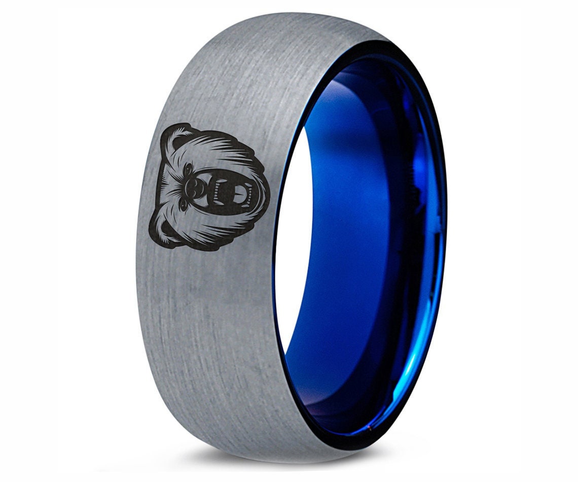 Grizzly Bear Ring - Wild Animal Engraved Ring - Simple Wedding Bands For Men - Blue Silver Ring - Tungsten Rings For Women - Free Shipping