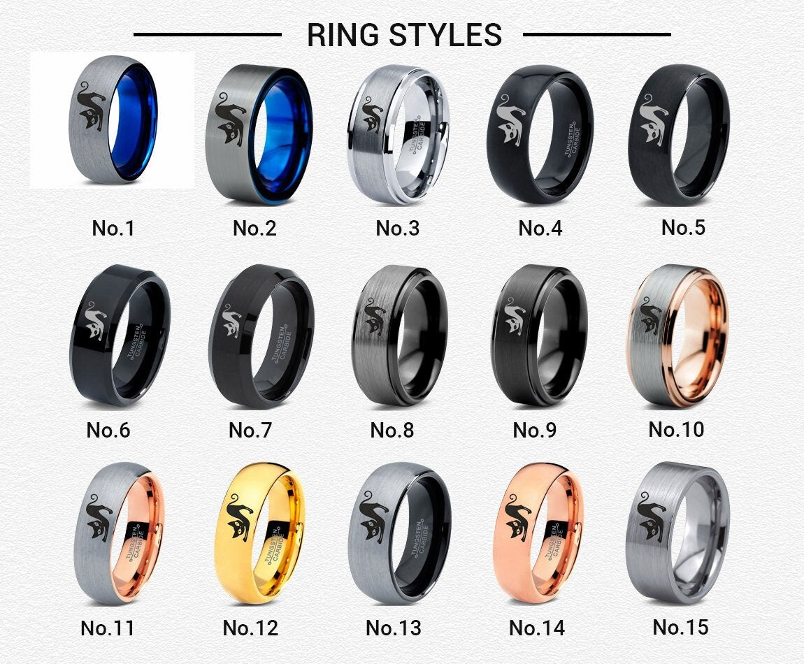 Pet Memorial Ring - Relaxing Cat Ring - Black Wedding Rings Set - His and Hers Rings - Grey Tungsten Ring - Best Gift For Pet Lover - 8mm