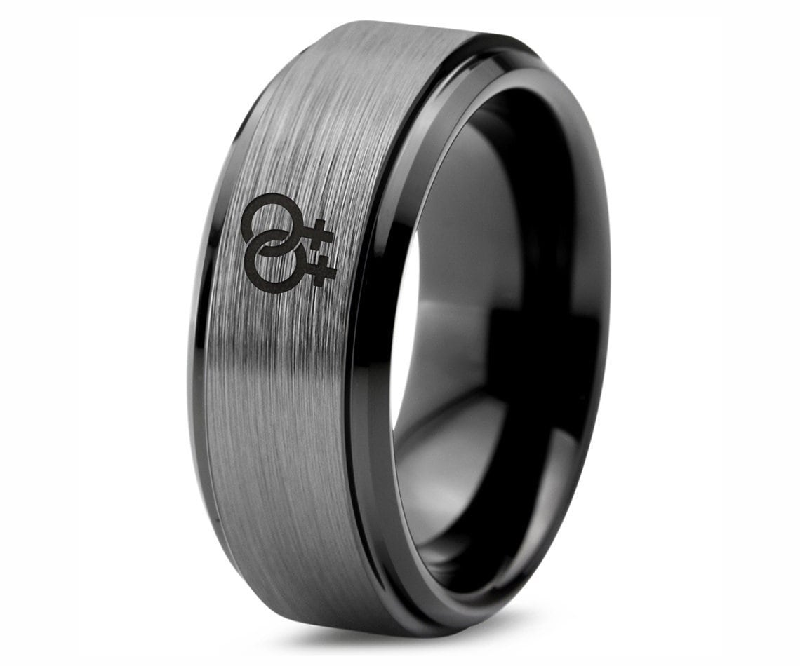 Lesbian Interlocking Symbol Ring | Brushed Wedding Rings | Men'S Tungsten Ring | Adjustable Ring | Engraved Ring | Valentine Day Gift