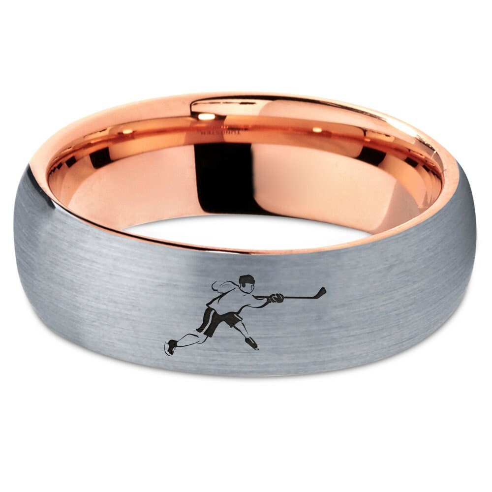 Mens Ice Hockey Ring | Player Puck Shoot Ring | Rose Gold Wedding Band | Silver Tungsten Rings For Him | Engagement Rings | His and Her Gift