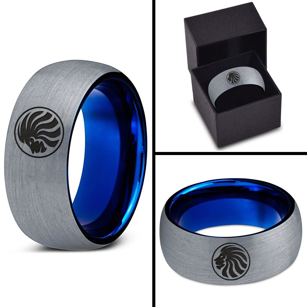 Wild King Leo Ring, Lioness Leo Face Ring, Mens Wedding Band Blue, Silver Tungsten Ring Band, Laser Engraved Ring, Husband Birthday Gifts