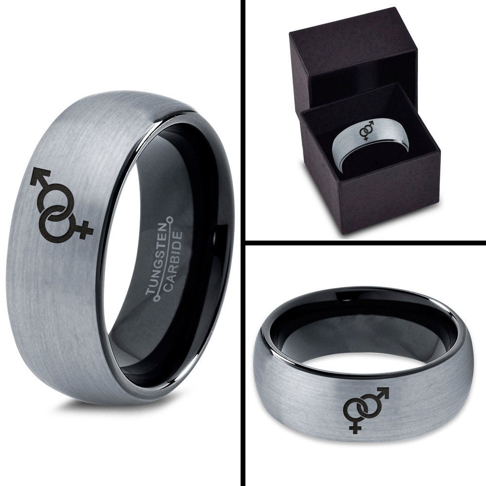 Heterosexual Symbol Ring,Mens Wedding Bands Black,Feminist Ring,Tungsten Carbide Rings Sets,Silver Grey Ring,Valentine Gift,His and Her