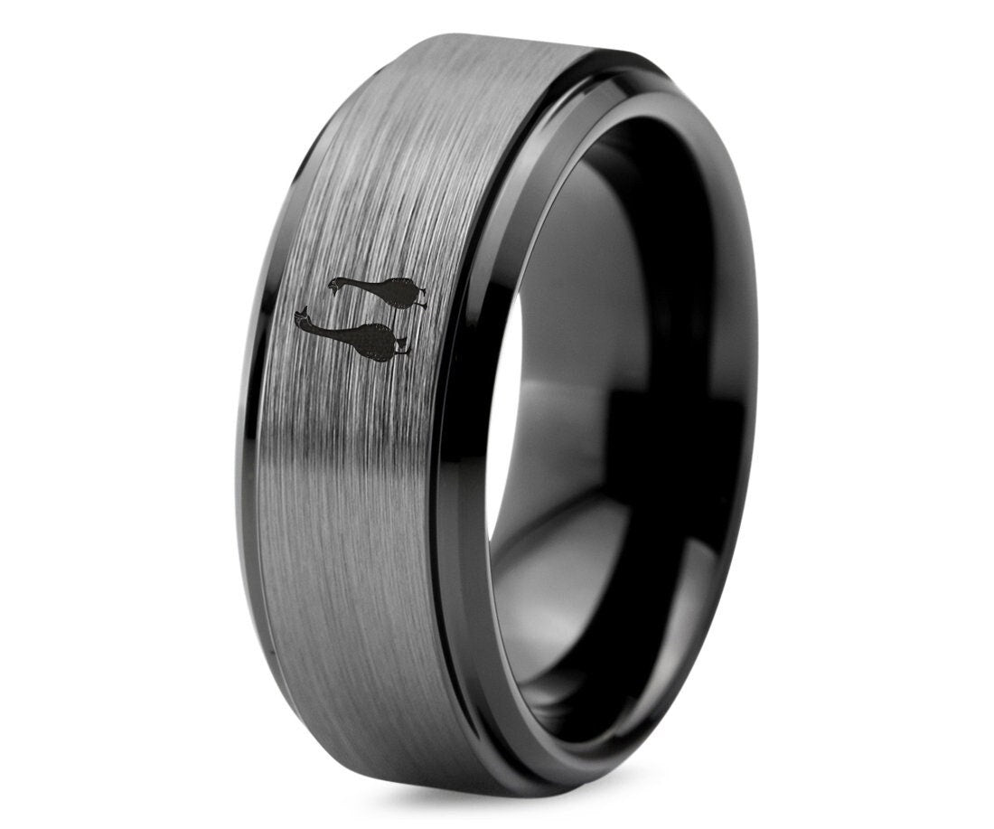 Couple Promise Ring - White Swan Ring Band - Black Gray Wedding Band - Tungsten Rings For Men - Gifts For Her - Personalized Gifts
