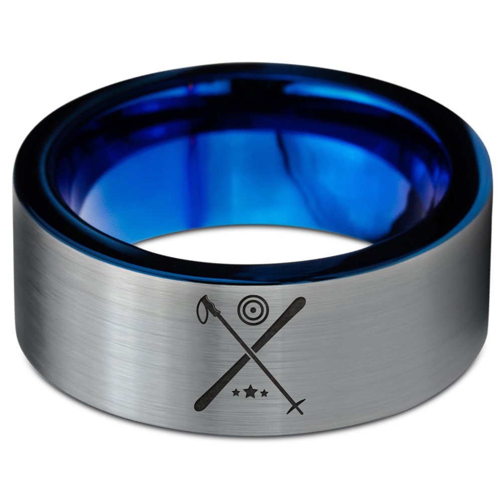 Tungsten Rings For Men - Ski Poles Boot Ring - Gift For Men - Gray and Blue Ring - Flat Cut Ring - Blue Promise Ring - Free Shipping