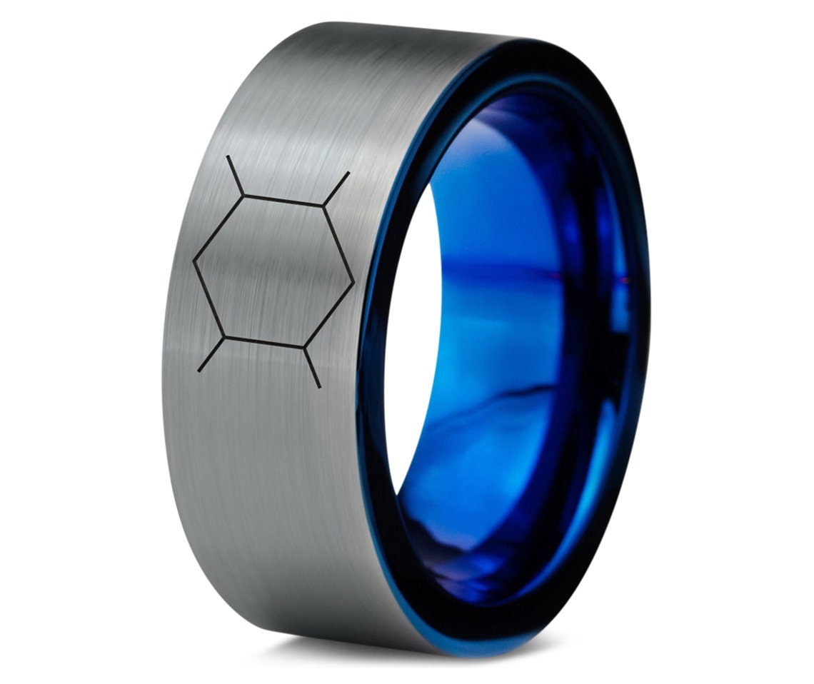 Gifts For Him - Bee Honeycomb Ring - Blue Tungsten Rings For Men - Flat Cut Blue Ring - Laser Engraved Ring - Gifts For Birthday