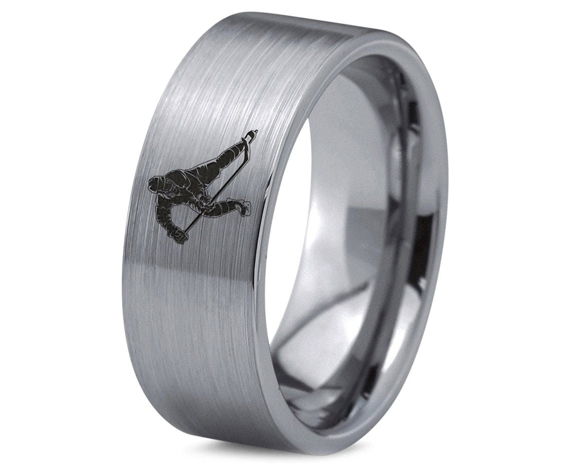 Ice Hockey Player Gifts, Flat Cut Wedding Band, Tungsten Rings For Men, Engraved Ring, Silver Gray Ring, Gifts For Dad, Gifts For Boyfriend